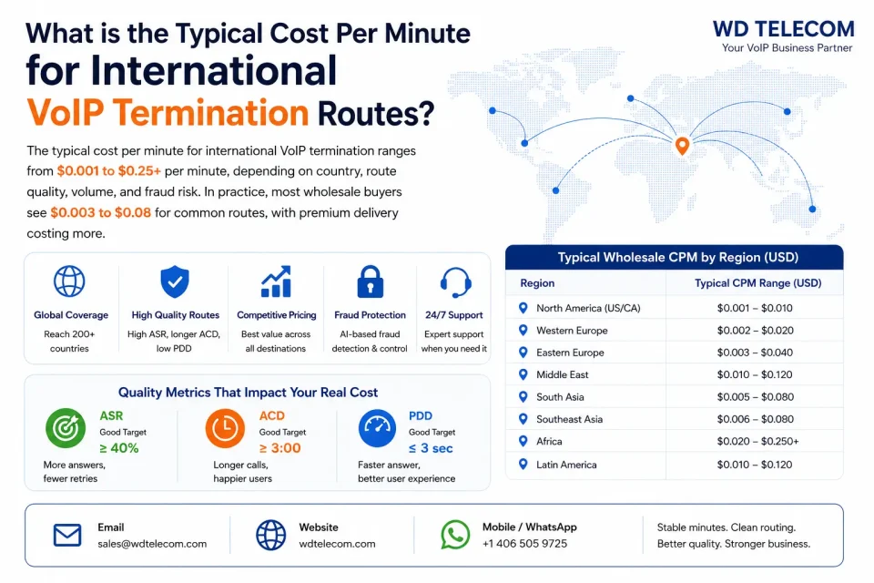 What is the typical cost per minute for international VoIP termination routes?